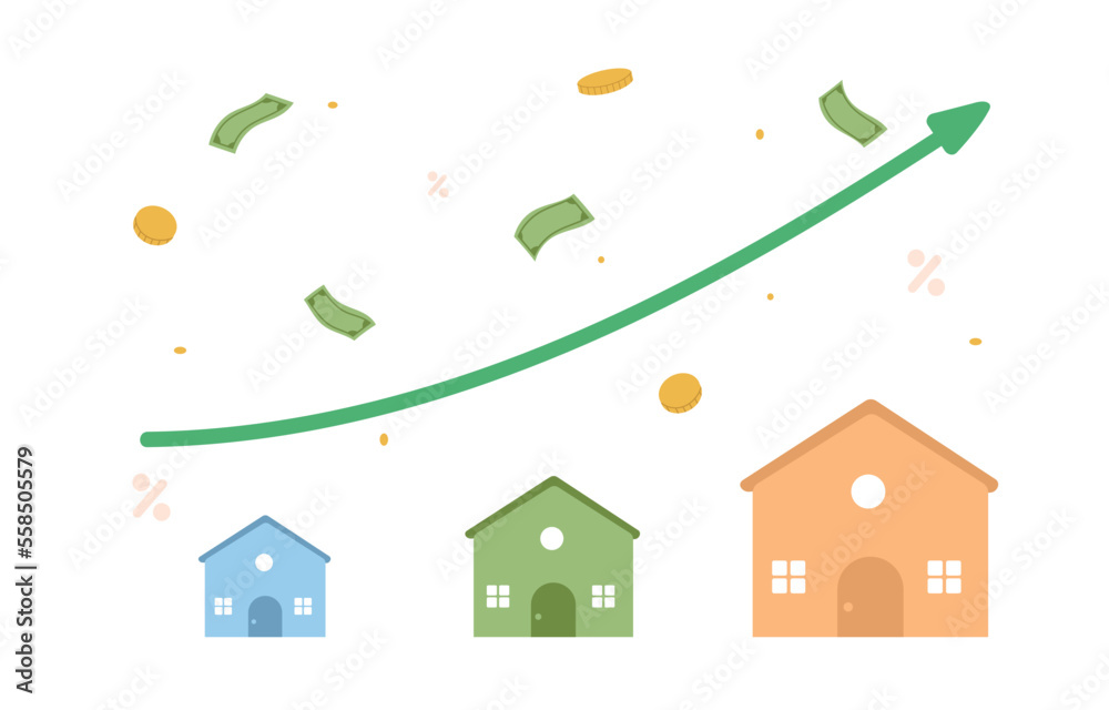 Fototapeta premium Property search concept. House price rising up, real estate investment or property growth concept, House with arrow graph up.