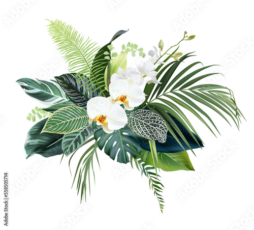 Tropical forest flowers and leaves vector design bouquet. White orchid, monstera, green anthurium