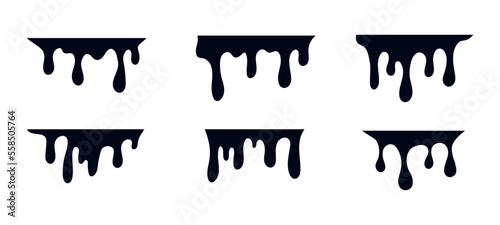 Black melt drips. Current paint or blood drop, oil flow, liquid caramel, ink, chocolate sauce splash. Vector illustration