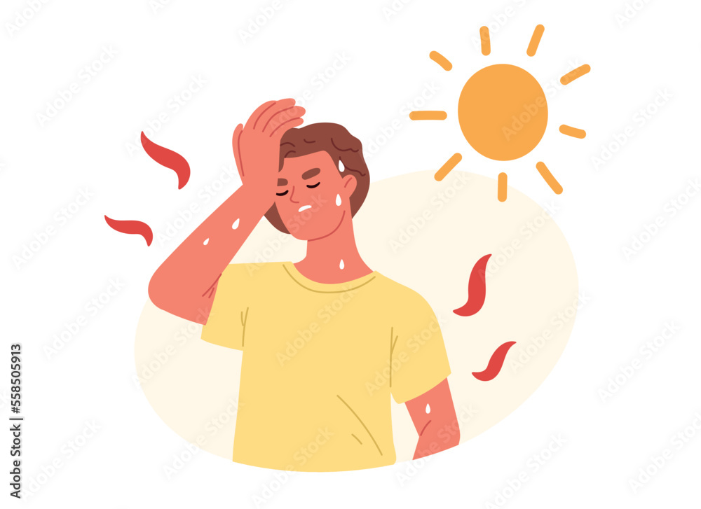 Unbearable heat and exhausted concept. Young man suffering from heat stroke symptom, sweat, high body temperature, dehydration, perspire and headache. Flat vector illustration Unbearable heat and exhausted concept. Young man suffering from heat stroke symptom, sweat, high body temperature, dehydration, perspire and headache. Flat vector illustration