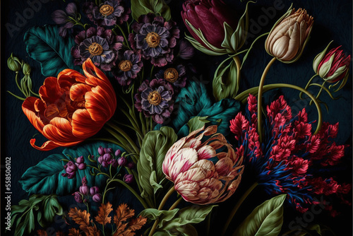 Baroque flowers in rich deep colors, tulips on dark background