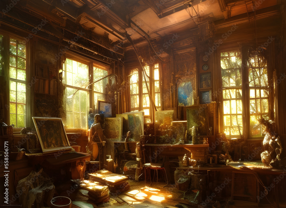 The interior of a painters studio cluttered with paintings artworks and ...