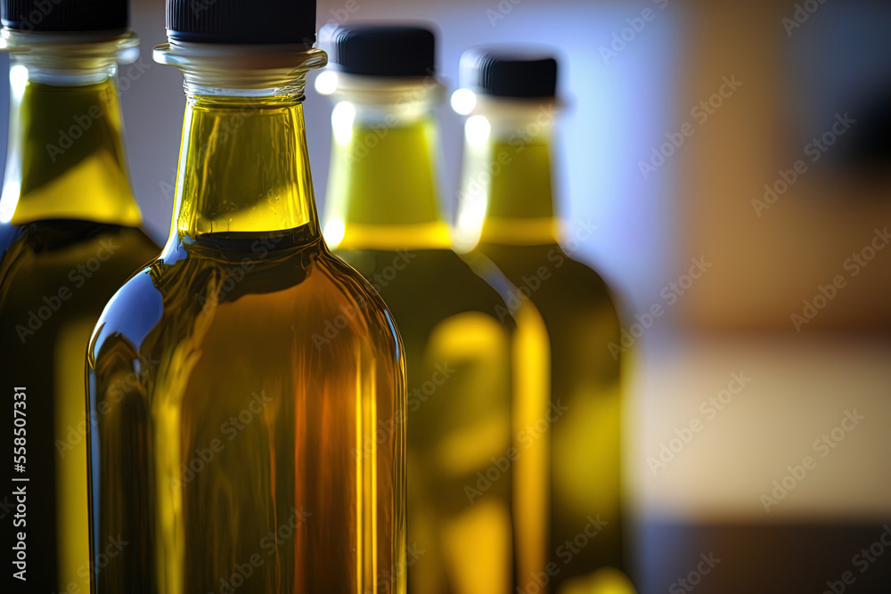 bottles of pure olive oil up close. Generative AI