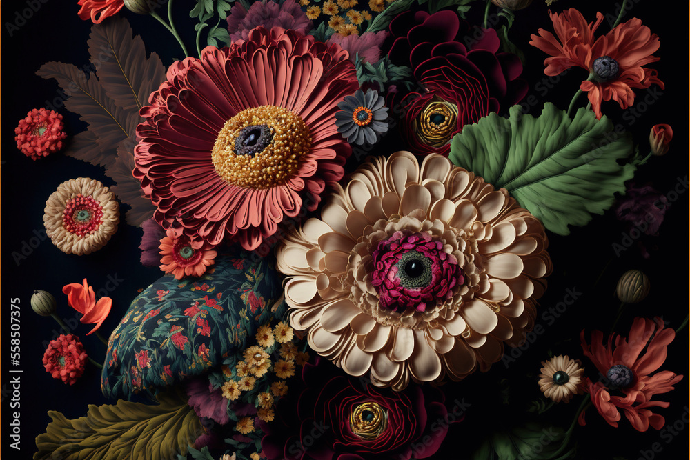 Fototapeta premium Baroque flowers in rich deep colors, gerbera daisy on dark background
