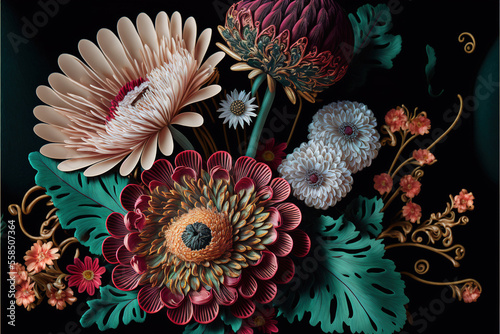 Baroque flowers in rich deep colors, gerbera daisy on dark background