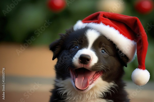 Funny picture of a border collie puppy with a joyful expression wearing a red Santa Claus cap for the holidays... Generative AI