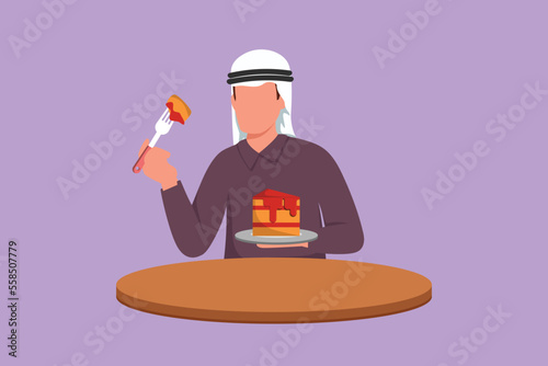 Cartoon flat style drawing young man eating creamy birthday cake at table in restaurant. Arab male eating super delicious dessert cake. Pleasure, enjoy, joy, sweets. Graphic design vector illustration
