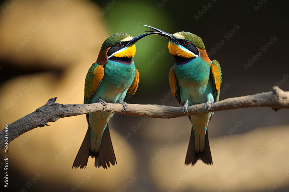 taken with selective focus of two lovely bee eaters up close. Generative AI taken with selective focus of two lovely bee eaters up close. Generative AI