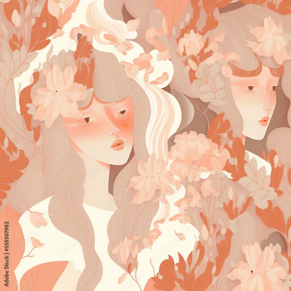 portrait of a person with a rose girl with flowers in hair seamless pattern with pink flowers