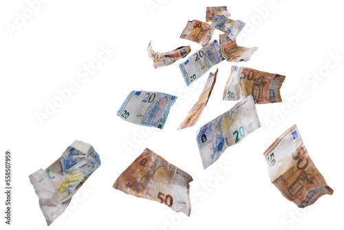Fifty and twenty paper banknotes in euro currency flying down, money concept for lucky finance, business success, investment or lottery win, isolated