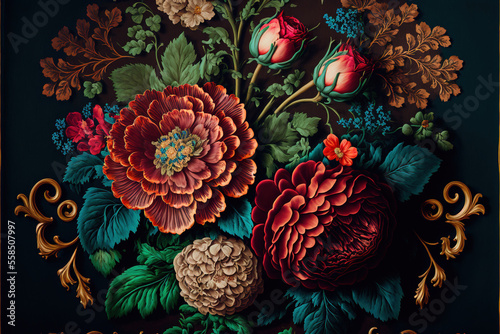 Baroque flowers in rich deep colors, red roses on dark background
