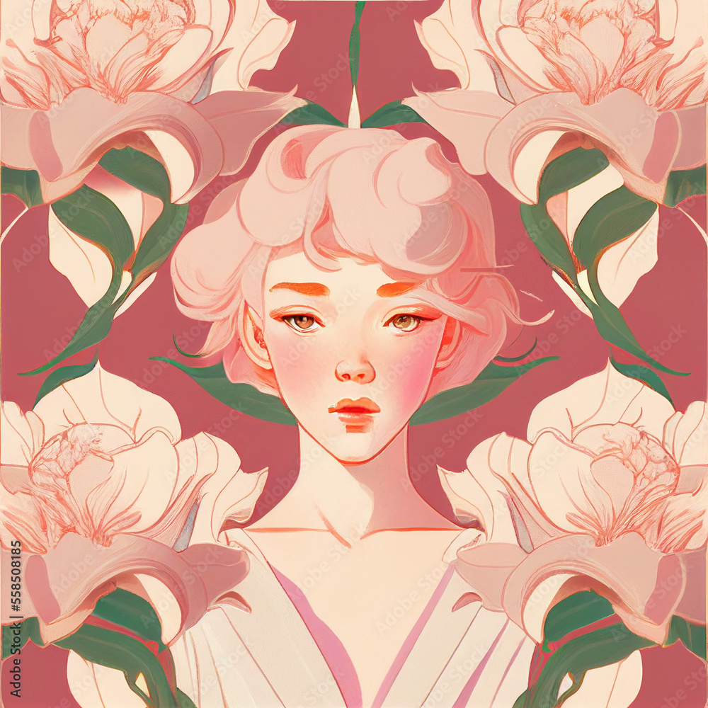portrait of a woman valentine background with hearts girl with roses illustration of an angel with heart in Japanese style portrait of a woman valentine background with hearts girl with roses illustration of an angel with heart in Japanese style