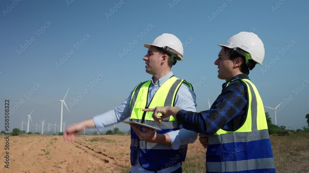 Two engineers men working at wind turbine farm. They discuss use tablet stand near wind turbines ecological energy industry power windmill field worker renewable energy. Clean energy concept. Two engineers men working at wind turbine farm. They discuss use tablet stand near wind turbines ecological energy industry power windmill field worker renewable energy. Clean energy concept.