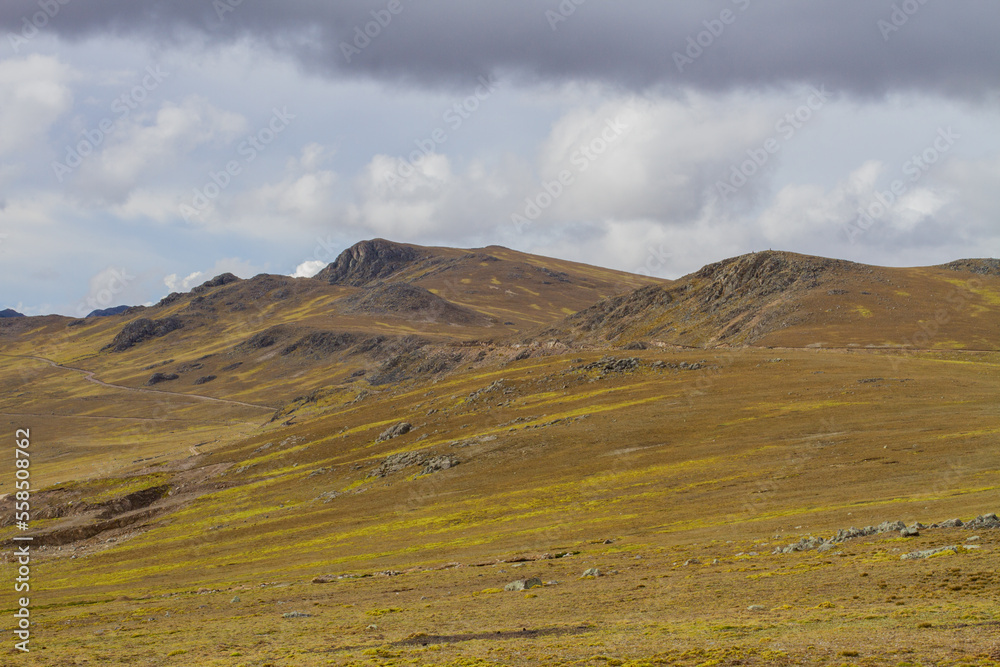Typical landscape of the Andes of Peru, with mountains and pastures of Ichu. Concept of landscapes, nature.