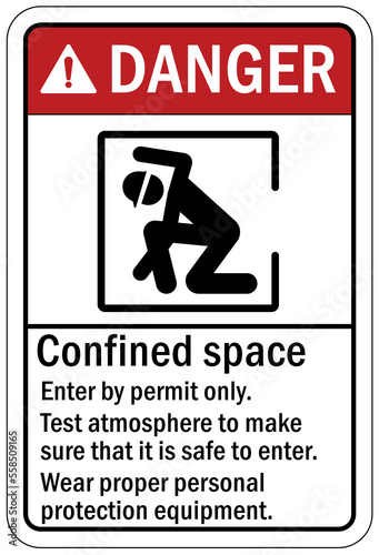 Confined space sign and labels enter by permit only, test atmosphere to make sure that it is safe to enter, wear proper personal protection equipmet