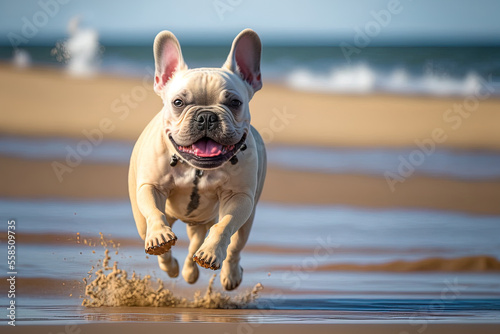 Running on the beach is a French bulldog. Generative AI