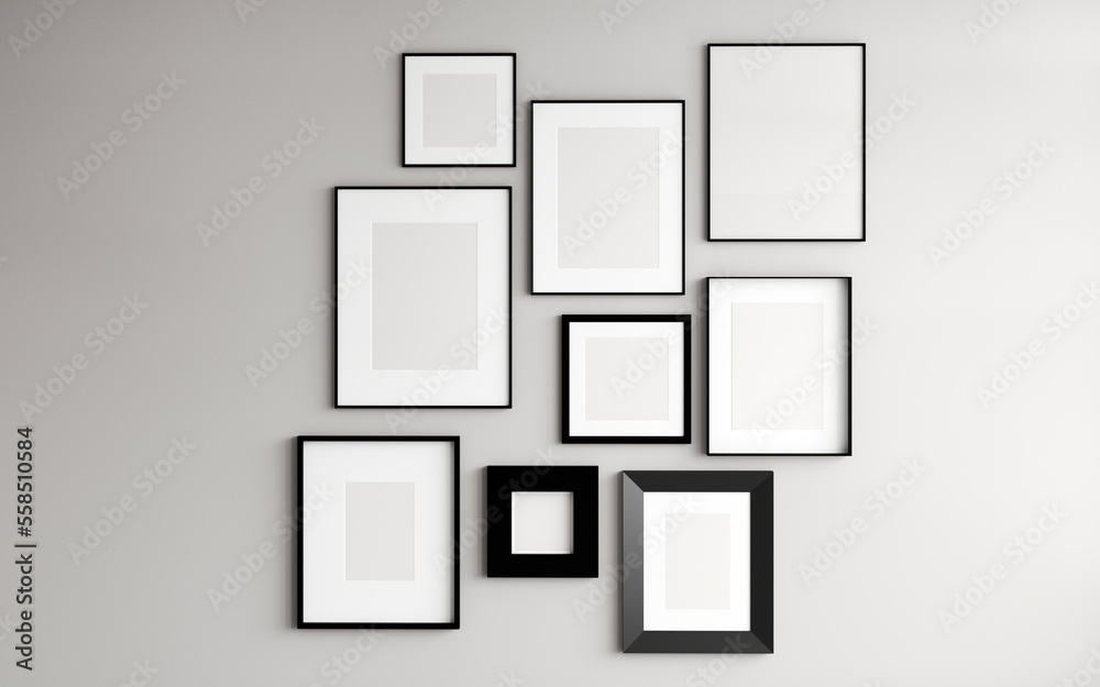 Empty white painted frames mockup close up on grey wall. Decorative black frames.White wall background. Template for artwork, painting, photo or poster. 3d rendering Empty white painted frames mockup close up on grey wall. Decorative black frames.White wall background. Template for artwork, painting, photo or poster. 3d rendering