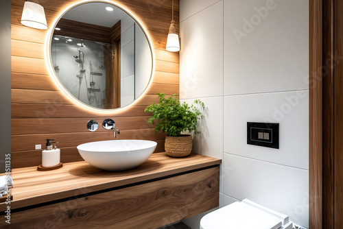 Bathroom interior with ceramic sink on hardwood counter, circular mirror on wall, and toilet in design style. Hotel restrooms are spotless. Vertical. Generative AI photo