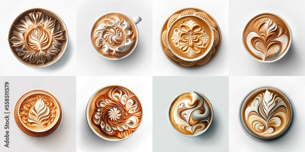 Top view of hot coffee latte art foam set isolated on white background Top view of hot coffee latte art foam set isolated on white background