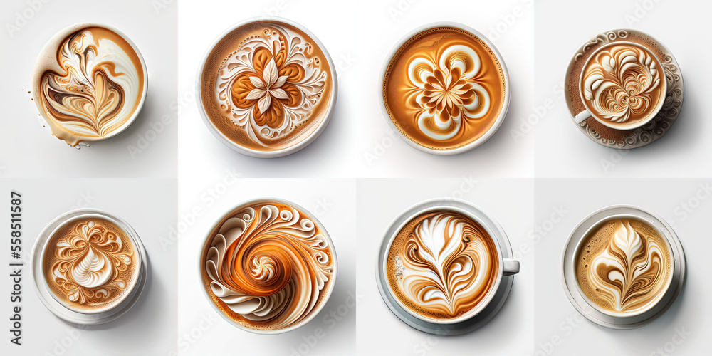 Top view of hot coffee latte art foam set isolated on white background Top view of hot coffee latte art foam set isolated on white background