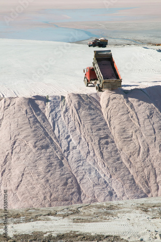 Fototapeta Naklejka Na Ścianę i Meble -  Trucks unloading raw salt bulk, Salinas Grandes de Hidalgo, La Pampa, Argentina.