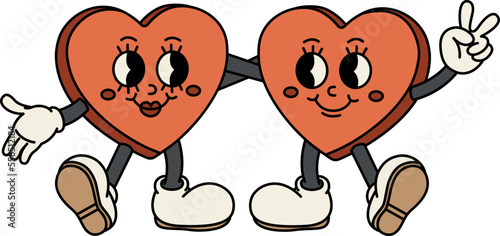 Valentine's Candy hearts are hugging together. Happy and cheerful emotions. Old animation 60s 70s, funny cartoon characters.Trendy illustration in retro style. Vector on isolated background.