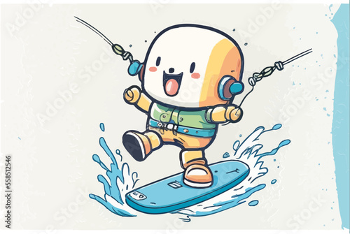kinder, kinderbuch, cartoon, cute, kawaii, illustration, cat, kids, party, cheeky, kinderbild, herz, cat, comic, sport gemalt, glück, niedlich, wakeboard, lake, surfen, water, fun, wassersport, surf, 