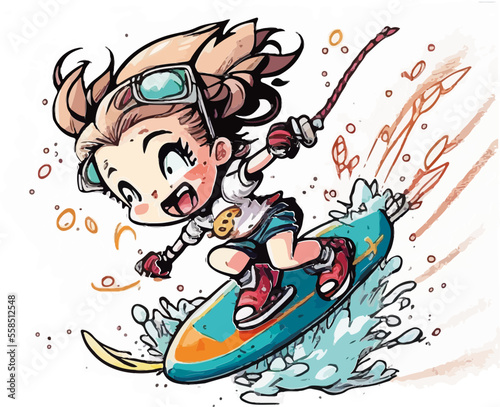 kinder, kinderbuch, cartoon, cute, kawaii, illustration, cat, kids, party, cheeky, kinderbild, herz, cat, comic, sport gemalt, glück, niedlich, wakeboard, lake, surfen, water, fun, wassersport, surf, 