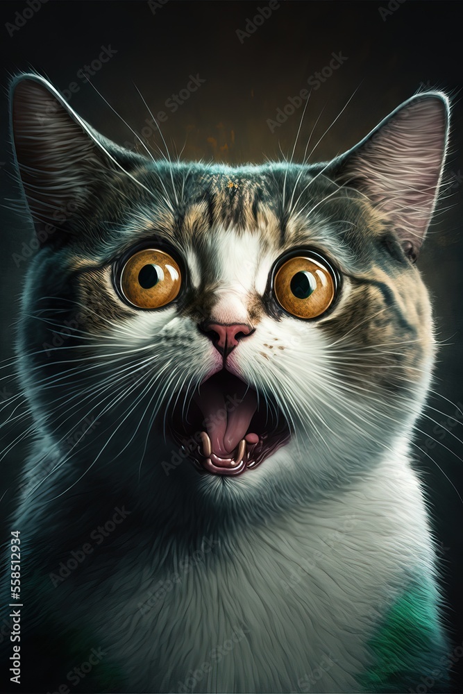 An illustration of a Scared and Surprised Crazy Cat, with an entertaining and funny expression