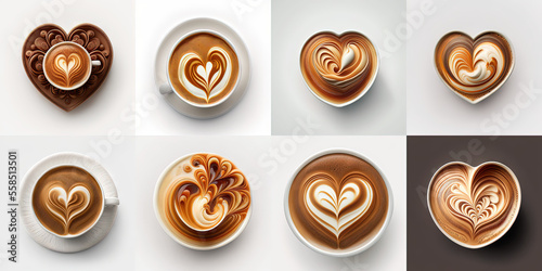 Top view of hot coffee latte art foam set isolated on white background photo
