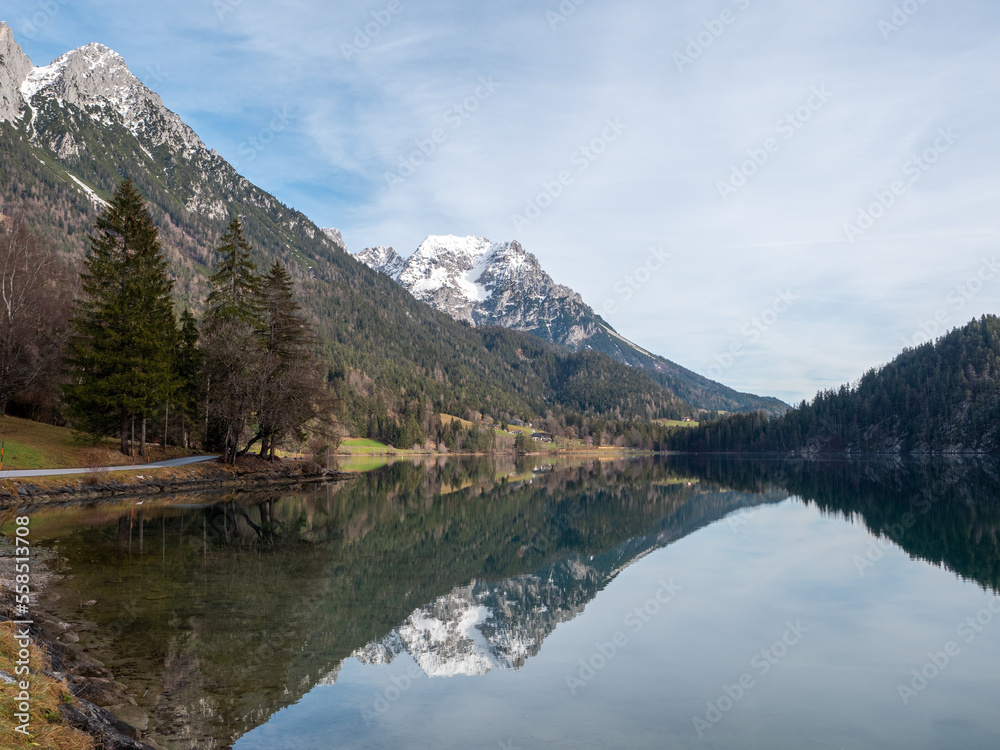 Reflection in lake, nobody. Nice day at the Hintersteiner See, Austria.