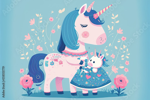 On a blue backdrop, a sweet cartoon unicorn wears a pink frock and a butterfly. Generative AI © 2rogan