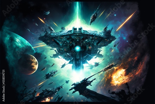 Photo Mothership enter the space battle in sci-fi scenery background wallpaper with hu
