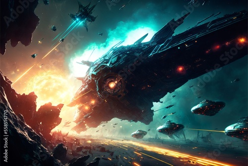Платно Mothership enter the space battle in sci-fi scenery background wallpaper with hu
