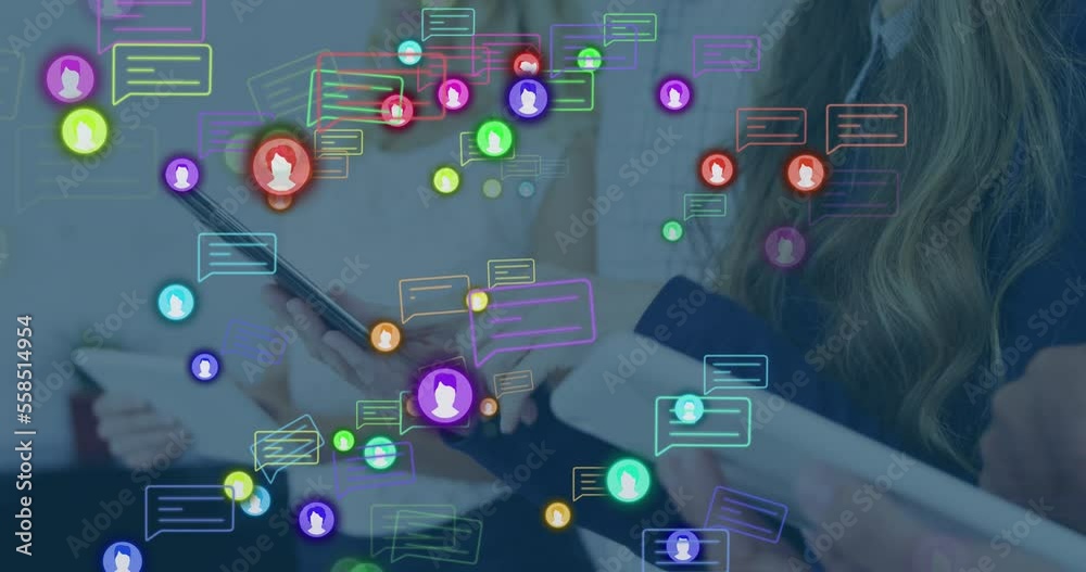 Animation of social media icons and data processing over caucasian woman using smartphone Animation of social media icons and data processing over caucasian woman using smartphone