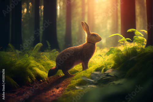 A rabbit is walking in the forest. Lovely rabbit. Beautiful old forest. Rabbit illustration. Generative AI.