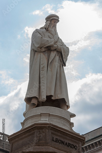 Low angle view of a statue of Leonardo da Vinci, Piazza Della Scala , Milan, Italy photo
