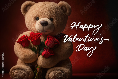 Happy Valentine's Day teddy bear with red roses on red background © Hixel