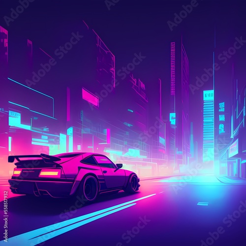a car driving down a city street in the neon light of the night time, with a futuristic city in the background Ai