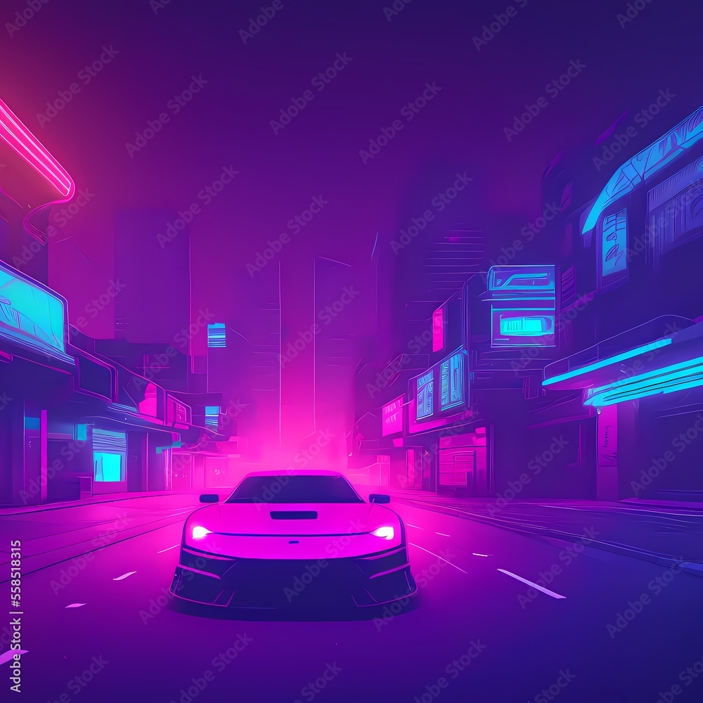 a car driving down a city street at night with neon lights on the buildings and buildings in the background Ai