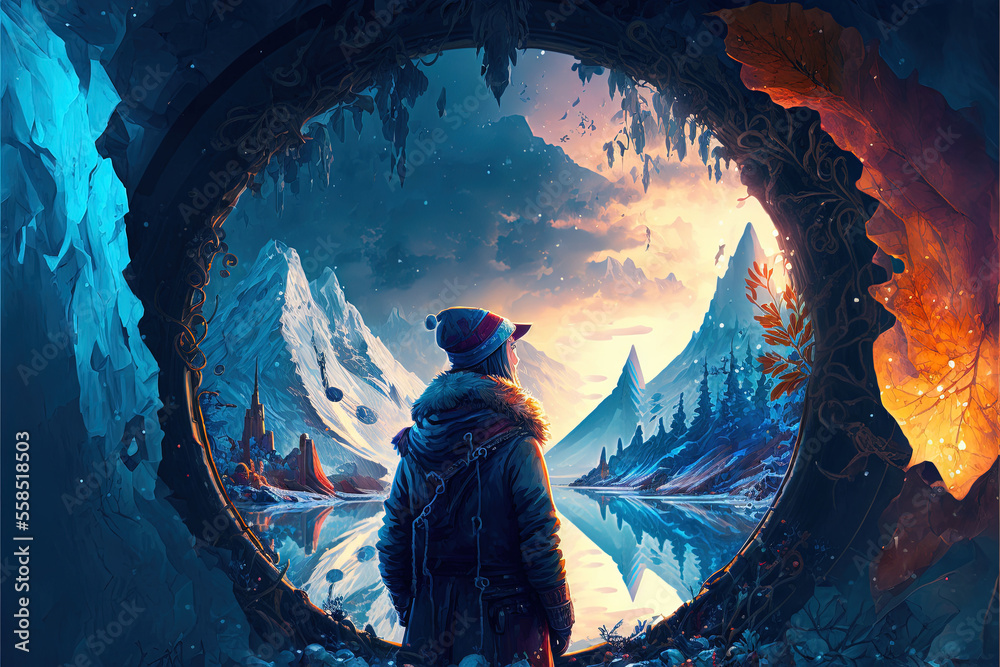 Read view of a fantasy character wearing a log coat in front of an adventure mountain from a circle cave