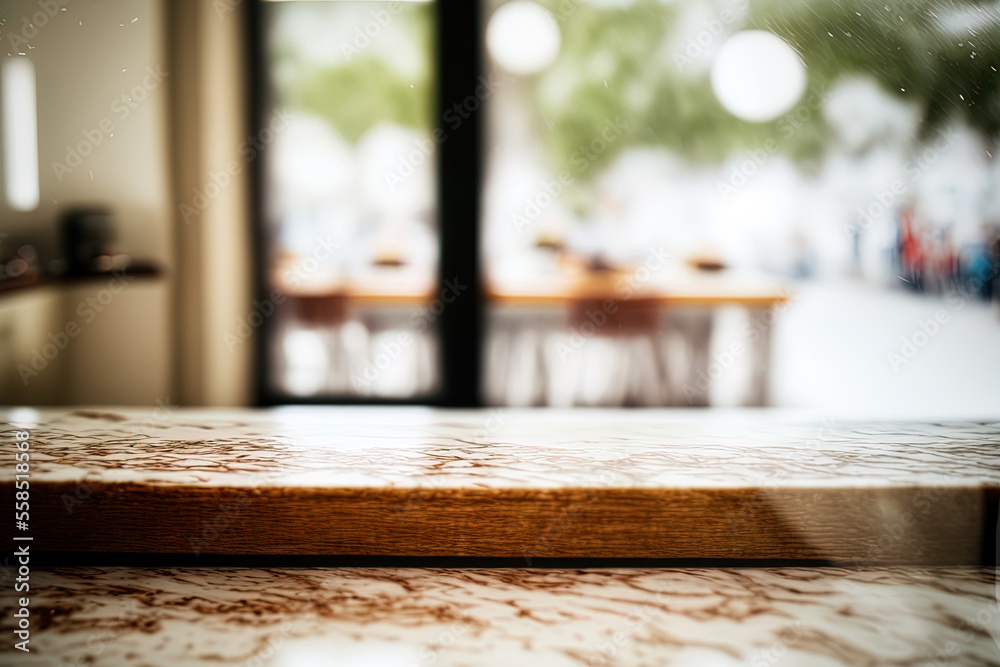 View of a barren marble counter from inside a glass door. Generative AI