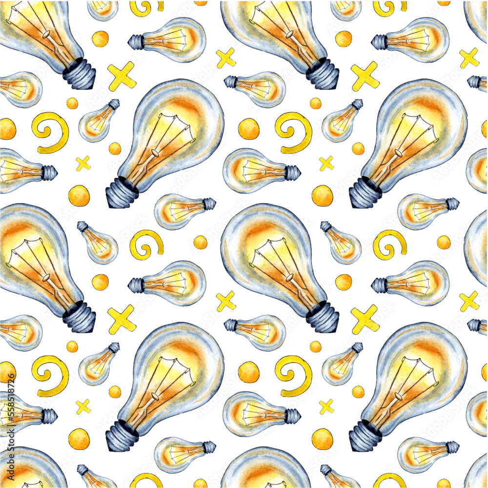 Watercolor illustration pattern of yellow glowing light bulb and doodle doodle. Edison lamp, incandescent lamp, Ilyich. Creative thinking and unique ideas. Isolated on white background. Drawn by hand.
