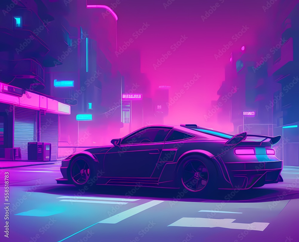 a car parked on the side of a road in a city at night time with neon lights on the buildings. Ai