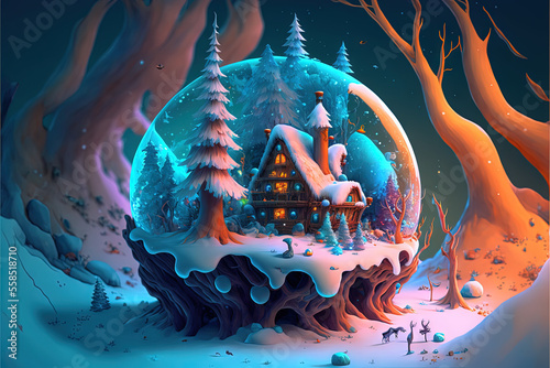 Fantasy landscape in a magic bubble (magic house, fir trees)
