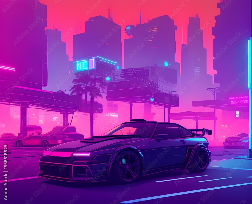 a car parked on the side of a road in a city at night time with neon ...
