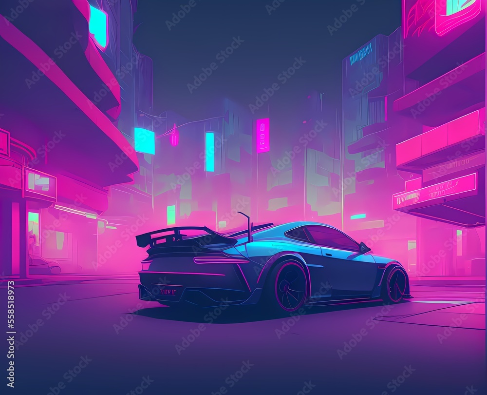 a car parked on the side of a road in a city at night time with neon lights on the buildings. Ai