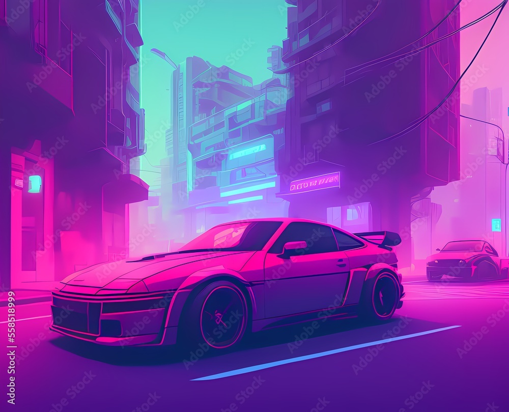 a car parked on the side of a road in a city at night time with neon lights on the buildings. Ai