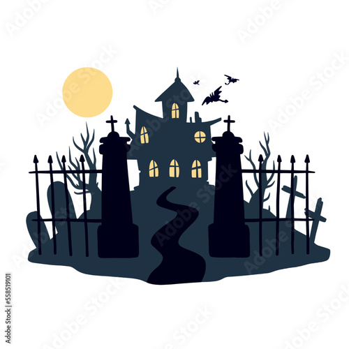 Halloween haunted house. Scary dark silhouette of home or mansion. Cartoon Vector spooky Illustration. Gothic cute town