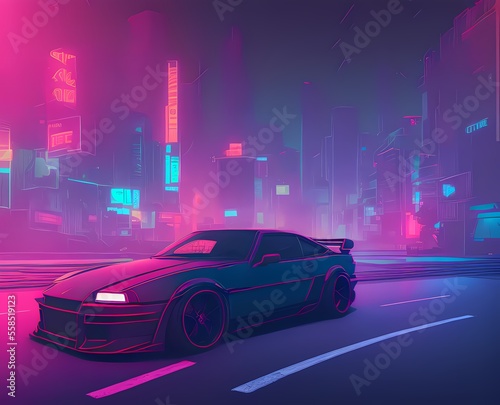 a car driving down a city street in the neon light of the night time, with a futuristic city in the background Ai © whitecityrecords